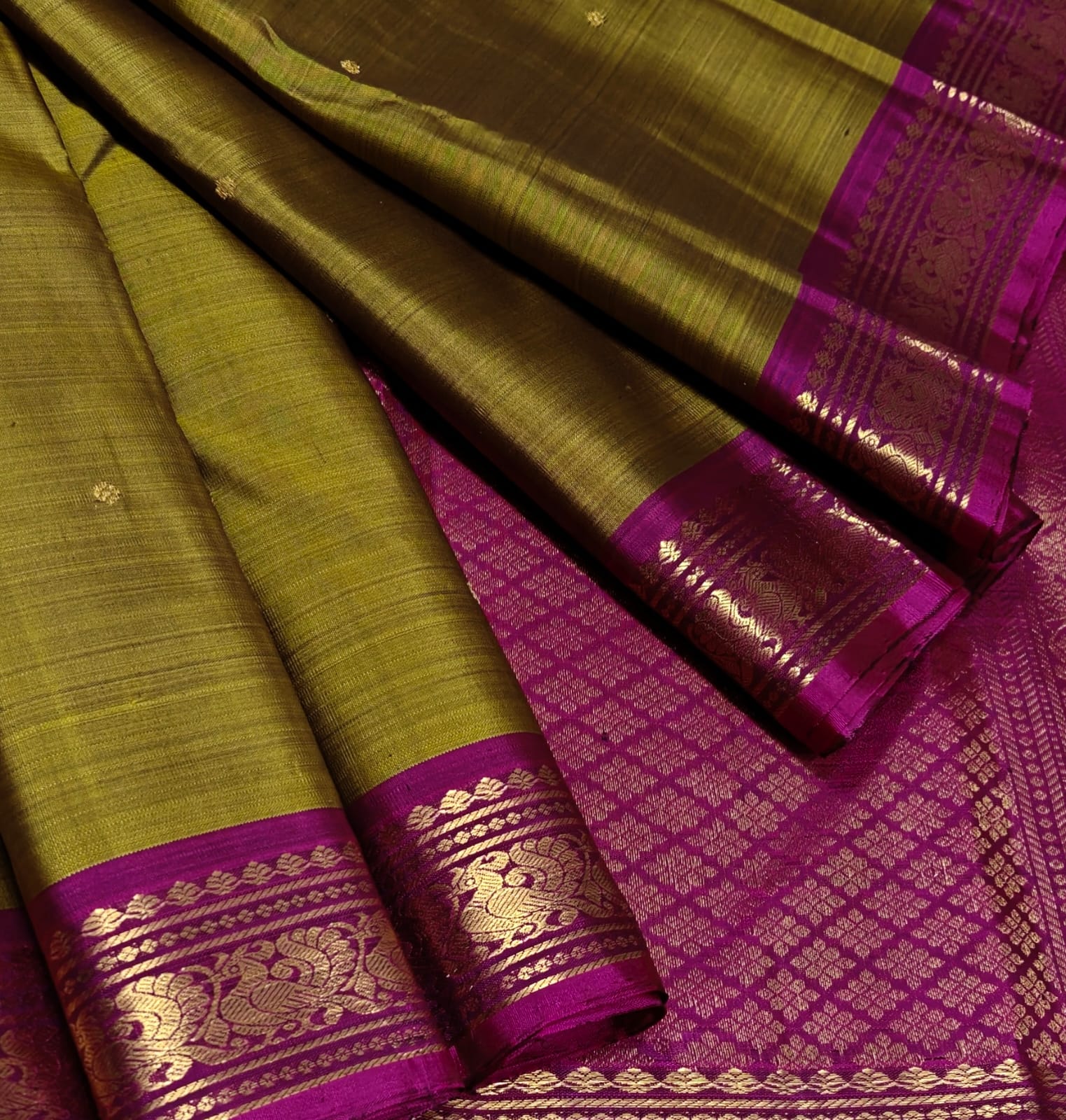 Olive Green Designer Saree with Magenta Pallu